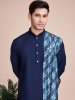 Navy Blue Silk Readymade Kurta With Stole